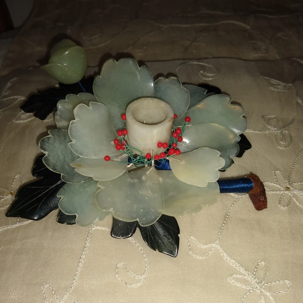 Vintage carved Jade Agate flower candle holder.
